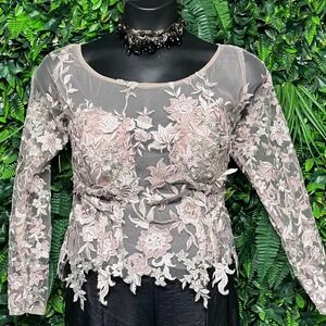 Floral Embroidered Sheer Top XL Long Sleeve Evening‎ Party Blouse 3155